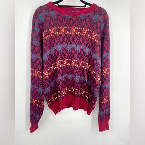 Vintage 70s Wrangler Mens XL Red Knit Sweater Geometric Colorful Stripe Nordic